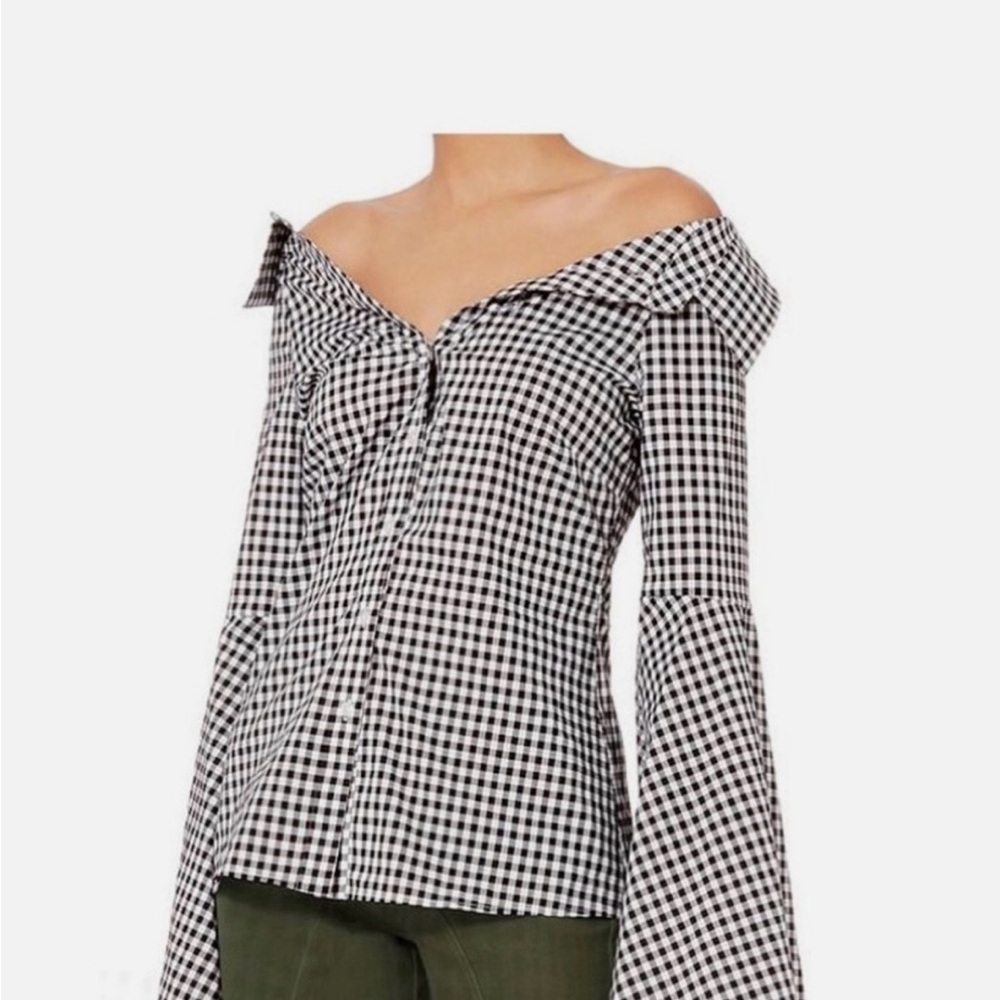 Caroline Constas Monochrome Gingham Off-Shoulder Blouse